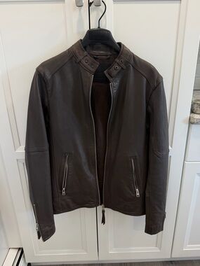 AllSaints Cora Brown Leather Stand-Collar Jacket